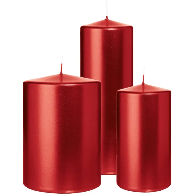 Wiedemann Cilinderkaarsen/stompkaarsen - set van 3 - metallic rood - 7x13/10x15/7x20 cm Donkerrood