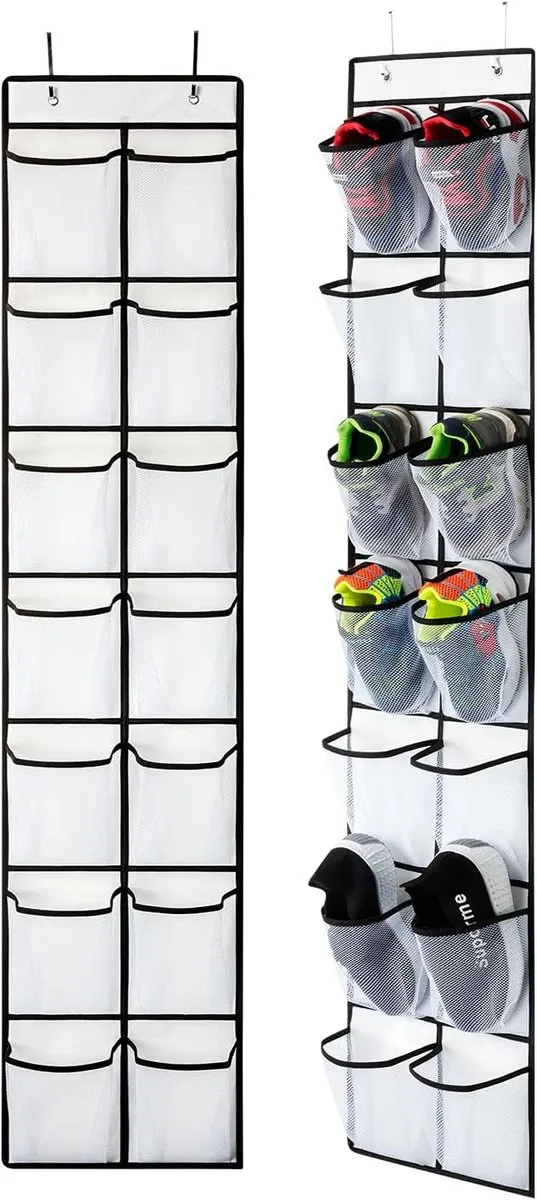 KZQ Wandgemonteerde schoenenorganizer - schoenenorganizer met 14 vakken - Opbergen van Schoenen aan Deur - met 2 haken - non-woven stof - 165 x 30 cm - wit
