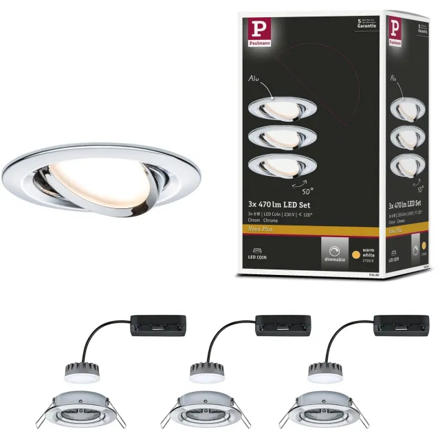 Paulmann LED-inbouwlamp Nova Plus Coin Basisset zwenkbaar rond 84 mm 50° Coin 3x6W 3x470lm 230V dimbaar 2700K Chroom
