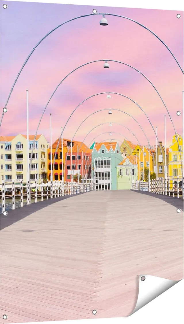 Gards Tuinposter Willemstad Gekleurde Huisjes in Cura�ao - 80x120 cm - Tuindoek - Tuindecoratie - Wanddecoratie buiten - Tuinschilderij Multikleur
