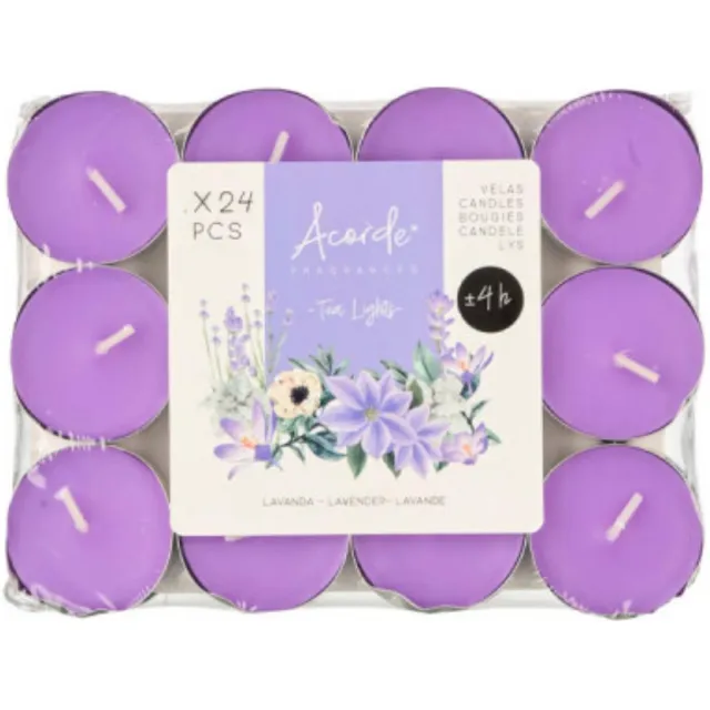 Acorde theelichtjes - lavendel geur - 24x - paars - waxinelichtjes/geurkaarsen - 4 branduren Lavender paars