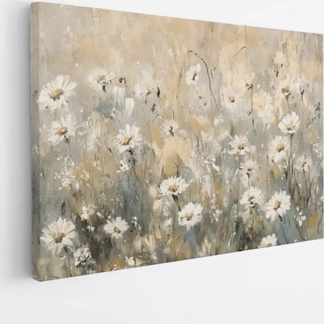 Saammp Canvas Schilderij - Rustige Weide met Witte Madeliefjes - Natuur - Romantisch Abstract - 50x40 - Foto op canvas - Wanddecoratie - Muurdecoratie Woonkamer - Kantoor Decoratie Multicolor