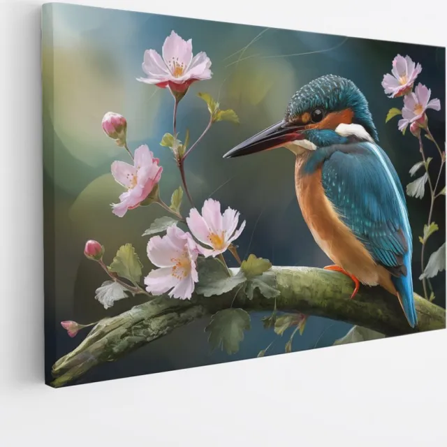 Saammp Canvas Schilderij - Kingfisher met Bloesem - Natuur - Abstract - 60x40 - Foto op canvas - Wanddecoratie - Muurdecoratie Woonkamer - Kantoor Decoratie Multicolor