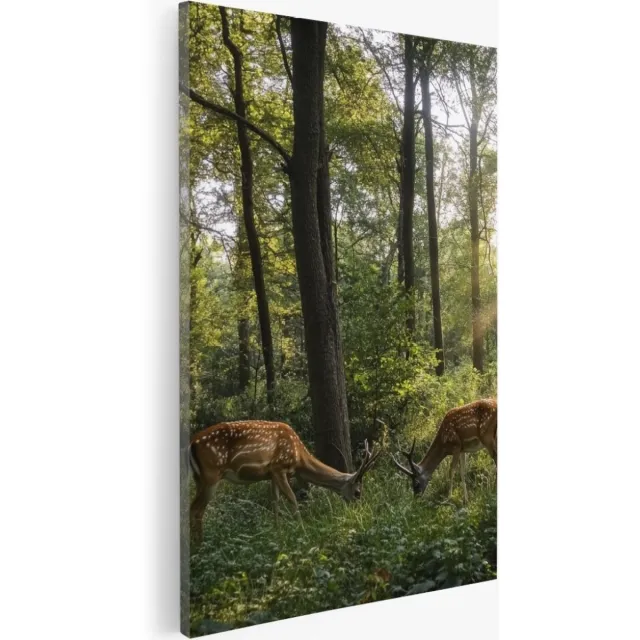 Saammp Canvas Schilderij - Natuur - 4 Herten in het bos - landschappen - 60x90 - Foto op canvas - Wanddecoratie - Muurdecoratie Woonkamer - Slaapkamer decoratie - Canvas Print Multicolor