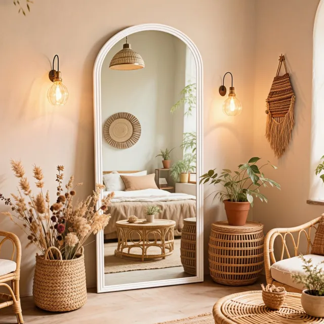 OKWISH Spiegel Gebogen Met Houten Frame 160 X 50 Cm Wit Met Verstelbare Metalen Voet Voor Woonkamer En Commerciële Ruimtes