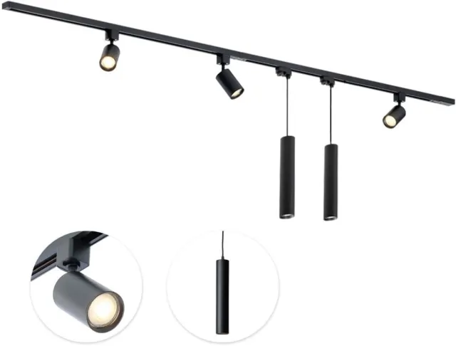 Qub Focus Railverlichting - Zwart - 300 cm - I-Vorm - 3 Spots & 2 Hanglampen - Dimbaar - Complete Set 300cm - Zwart - I vorm - 3 spots & 2 handlampen