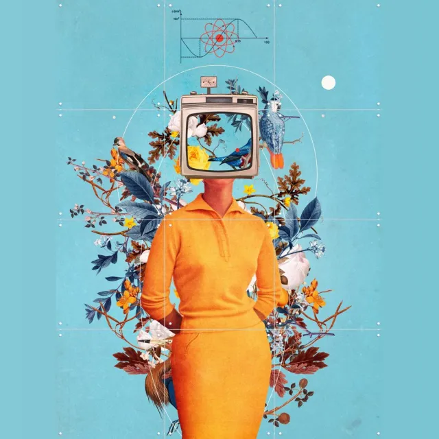 IXXI Don't feed the Monitors with your Dreams, Frank Moth - 60 x 80 cm - Grote wanddecoratie en posters - Pop art, Digitale Kunst, Collage, Kleurrijk Blauw