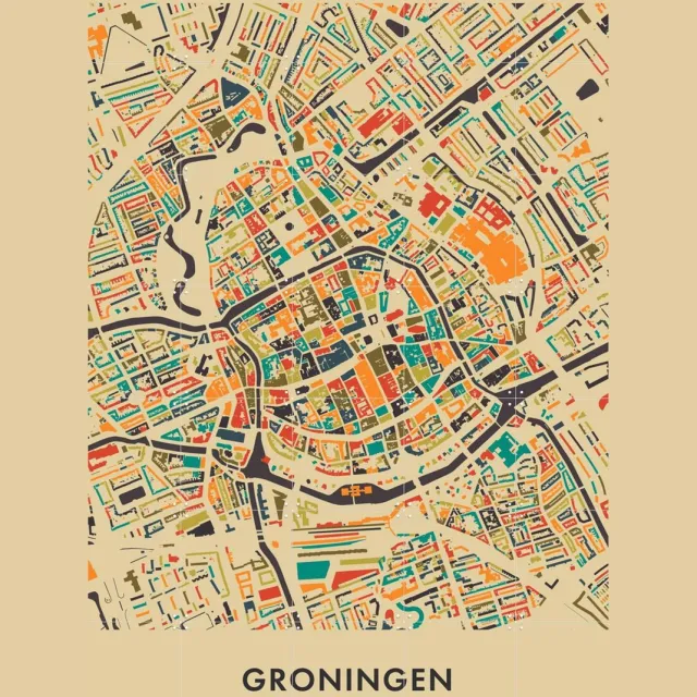 IXXI Groningen Mosaic Map, Kunst in Kaart - 100 x 140 cm - Grote wanddecoratie en posters - Kleurrijk, Digitale Kunst, Geometrische Kunst Groen / Beige / Geel