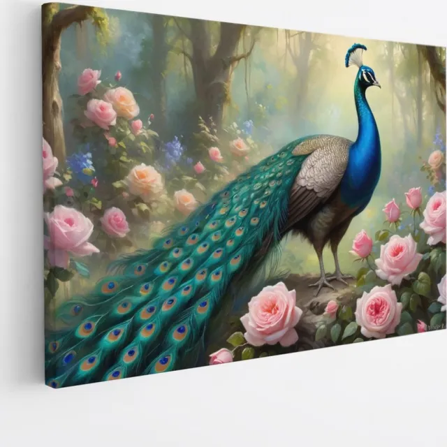 Saammp Canvas Schilderij - Pauw tussen de roze bloemen - Dieren - Natuur - 50x40 - Foto op canvas - Wanddecoratie - muurdecoratie Woonkamer - Slaapkamer decoratie - Canvas Print Multicolor