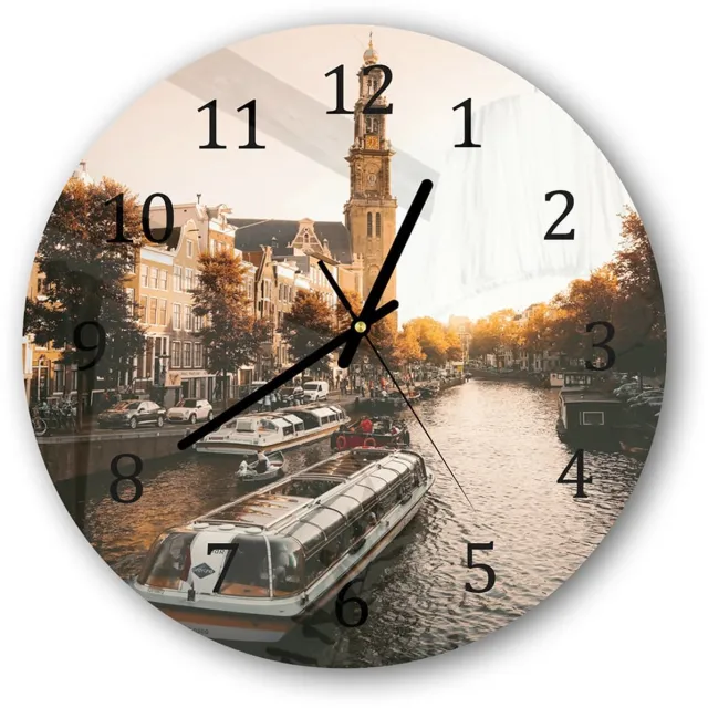 Mydesignglas Grote Glazen Wandklok XXL - Wandklok Rond 30cm - Gehard Glas - Amsterdamse Herfst Zwart- Stille Klok voor Woonkamer & Keuken - Modern Design Black