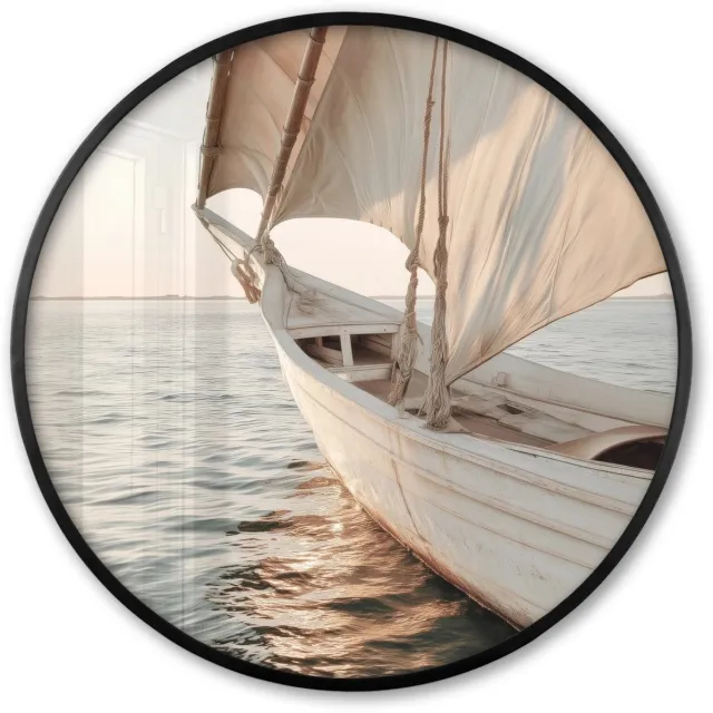 FrameYourWall Poster in lijst Rond - Fotolijst 80x80 cm - Posters - Zeilboot - Zee - Beige - Zon - Ronde posterlijst zwart - Decoratie - Wanddecoratie woonkamer - Muurdecoratie slaapkamer