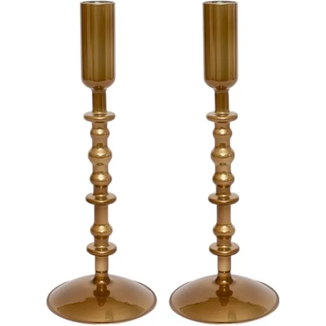 Winq ! -Kandelaar glas 10x10x29cm - 2Stuks - Kaarsenhouder Metallic Koper geschikt voor dinerkaars - woonkamer decoratie-cadeau