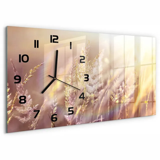 TULUP Wandklok - Hoog gras Wandklok Glas Decoratie - 60x30 cm - Beige Gekleurde Glazen Klok - Zwarte handen - Rechthoekige Klok - Klok Glas Met Opdruk - Moderne Wandklok Glas
