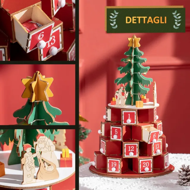 ECTEATOY Adventskalender 2026 - met 10 LED-Lampjes - Kegel - Rood - 22x22x35 cm Groen