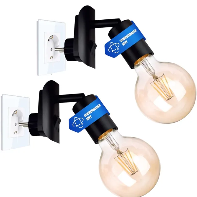 Trango Set van 2 Plug-in Lamp 11-259A incl. 1x 4 Watt 2500K Goud Warm Wit E27 LED Lamp in Zwart mat *ANNA* Wandlamp, Leeslamp, Nachtlampje, Wandlamp, Keukenlamp, Plug Lamp