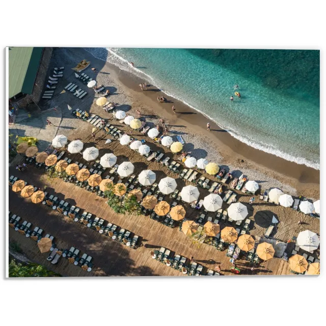 KuijsFotoprint Schilderij - Groot Strand Met Parasols Blauwe Zee - Blauw, Geel En Beige - 30 X 40 Cm