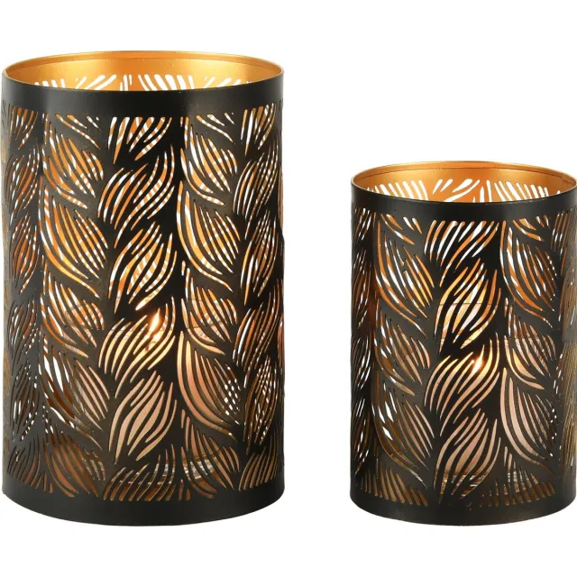 dekoratief Set 2 Waxinelichthouders 'Flowing Flowers', zwart/goud, metaal, 13x13x20cm | A248200