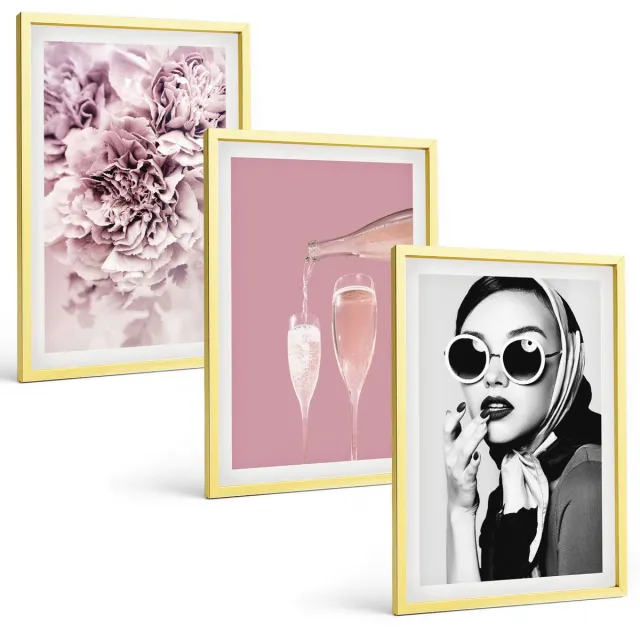 Coloray 3-Delige Schilderij Set - Berglandschappen Met Blauwe En Grijze Tinten - 40 x 40 cm En 40 x 60 cm - Wanddecoratie - Muurdecoratie - Moderne Interieurdecoratie - Moderne Wanddecoratie Gouden lijst