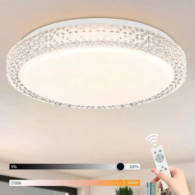 Glitzerlife Plafondlamp Led - Dimbaar Met Afstandsbediening - Sterrenhemel Design - CCT Verstelbaar - Kristalaccent - Kunststof - Ø30cm - Wit