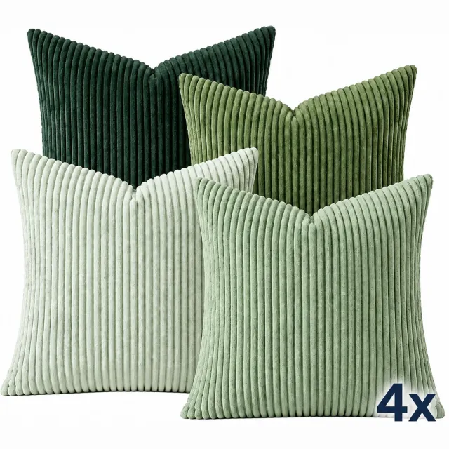 Nørvic Kussenhoezen - 4 stuks - 45,72 x 45,72 cm - Groene mix - Ribstof - 45x45 - Kussenhoes Set – Sierkussenhoezen – Corduroy Kussenslopen – Decoratieve Kussens Bank / Slaapkamer Kussen Forest Green