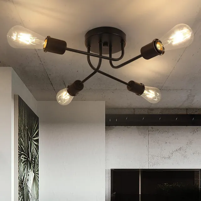 Glitzerlife Plafondlamp - 4-lichts E27 Fitting Zwart - Vintage Retro Industrieel Rustiek Design voor Woonkamer Slaapkamer Eetkamer - Exclusief Lichtbron