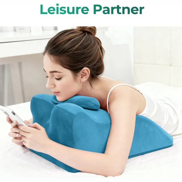 REDOM Leeskussen - 27° ergonomische ondersteuning - Memoryfoamvulling - Afneembare wasbare gebreide hoes - Bed sofa en vloer - Blauw - 60 x 34 x 20,8 cm