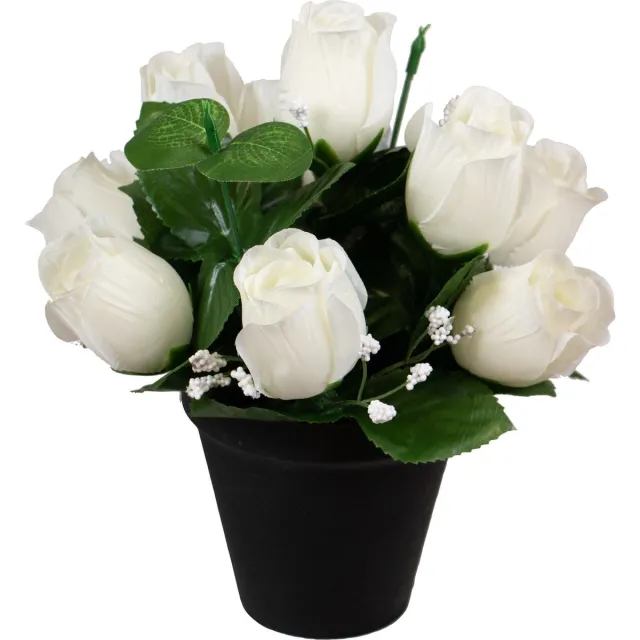 Louis Maes Kunstbloemen klein boeketje rozen in pot - wit - H25 cm - Bloemstuk - Bladgroen