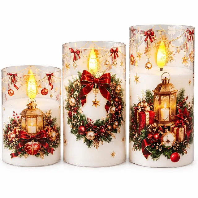 SWGOTA led kaarsen, set van 3, wit met kerstprint en warm licht, op batterijen, handmatige bediening, zonder batterijen