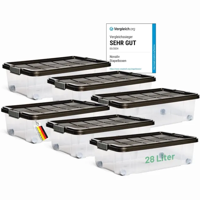 Novaliv 6x Onderbed Ladekast met Wielen 28L Opbergdoos Deksel Antraciet Nestbaar Stapelbaar met Clipsluiting Rolbox BPA-vrij 61x40x17 cm