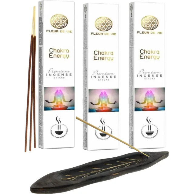 Fleur de Vie Premium Wierookstokjes - 3 x 16 gram - Chakra Energy - Inclusief Houten Wierook Houder Bruin