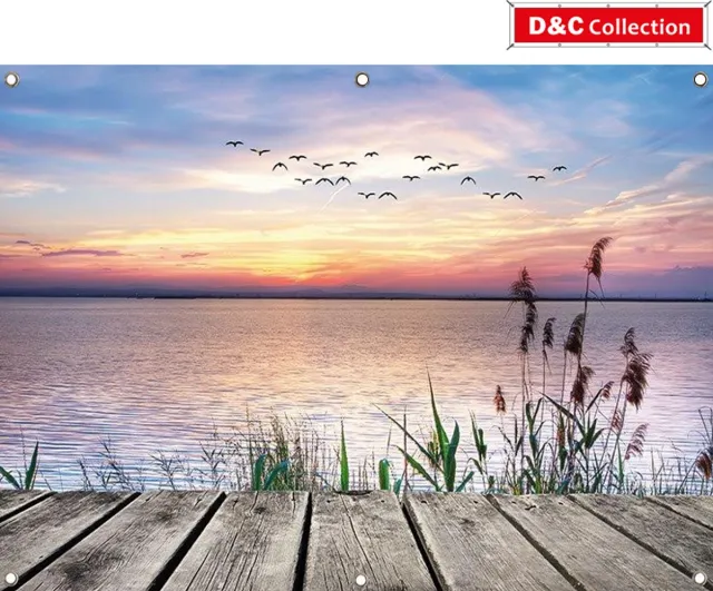 D&C Collection Tuinposter zonsondergang - 130x95 cm - schuttingdoek - houten vlonder - terras - schuttingdoek - tuindoek - wanddoek groen rood grijs