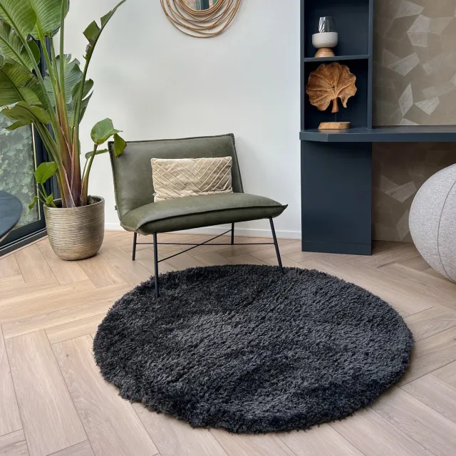 MrCarpet Rond Hoogpolig Vloerkleed Antraciet/Zwart Loof Shaggy 120cm Mrcarpet
