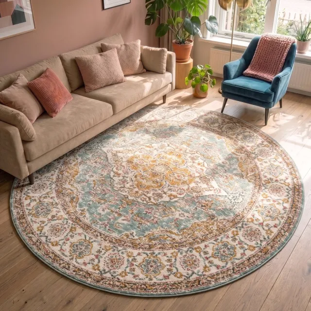 Fraai Rond vintage vloerkleed - Thirza Medaillon Lichtblauw/Geel - Ø 100cm
