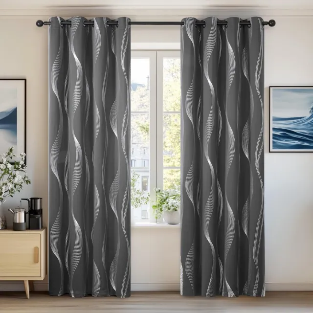 Unyqoos Donkergrijze thermische gordijnen voor slaapkamer met ringen, set van twee Grijs