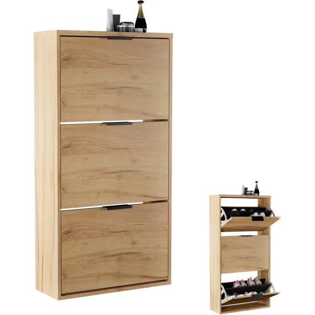 Planetmöbel STIVIO - Schoenenkast 60 cm - Goud eiken - Met 3 kleppen - Slechts 23 cm diep
