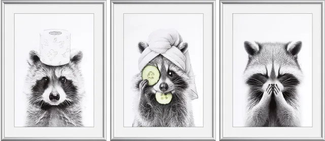 Ibenzoa Humoristische Wandschilderij voor Badkamerdecoratie - Zwart-Wit Wasbeer Poster, A4 Formaat