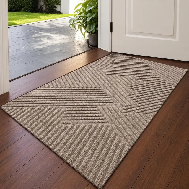 Lersko Antislip Deurmat met Streepjesdesign – Khaki– Polyester – 75cm x 45cm - Rubberen Onderkant – Gemakkelijk Schoon te Maken – Ideaal voor Entree, Veranda of Garage - 75cm x 45cm Khaki - gestreept