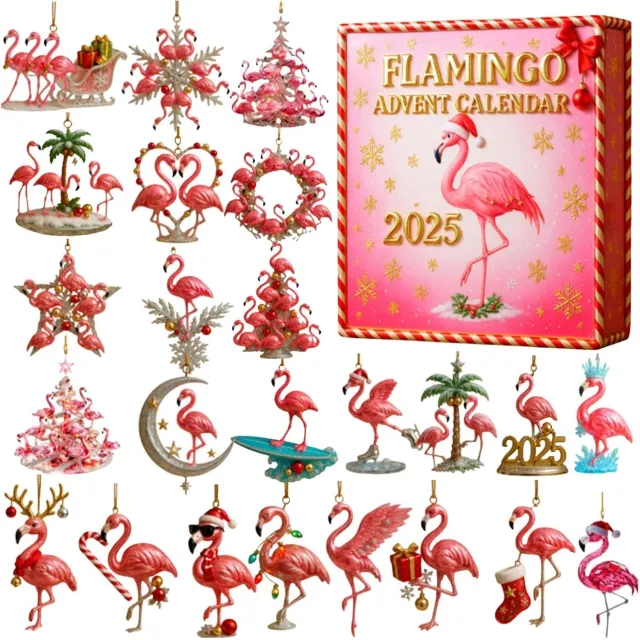 KZQ Flamingo Adventskalender 2026 - Kerstkalender - 24 Stuks - 2D Acryl Hangornamenten - Kerst Aftelkalender - Feestdecoratie - Voor Flamingo Liefhebbers & Gezinnen - Kerstmis Roze