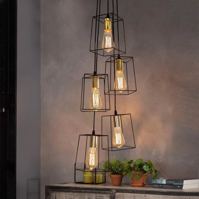 Glitzerlife 5-lichts vintage industrieel hanglamp met metalen kooi-design Zwart