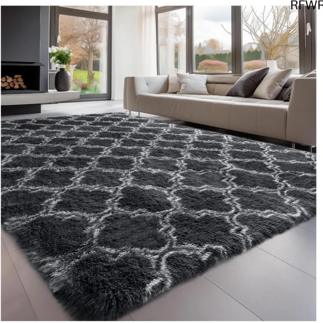 RFWR Hoogpolig tapijt 140 x 200 cm - Wasbaar en antislip - Pluizig modern tapijt voor woonkamer en slaapkamer Blok grijs