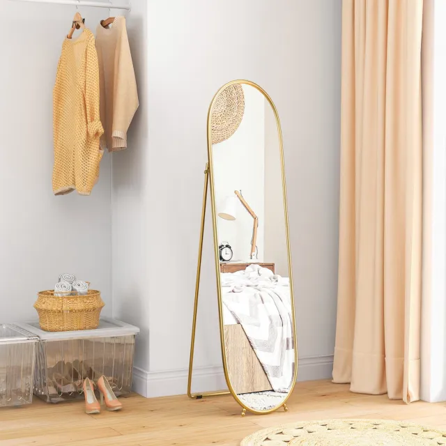 HAUSS SPOLE Passpiegel Ovaal – 160 x 40 cm – Uitklapbare Standaard – Metaal en Glas – Goud – Voor Slaapkamer en Woonkamer – Met Splinterwerende Folie