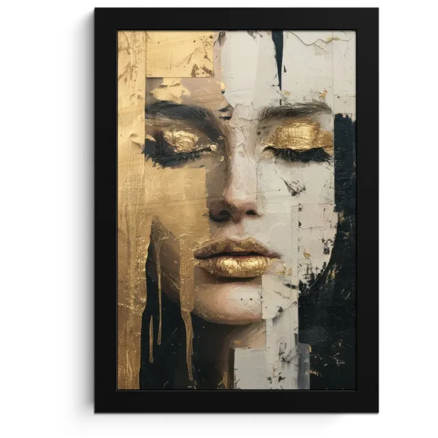 FrameYourWall Poster in lijst - Fotolijst 20x30 cm - Posters - Abstract - Goud - Gezicht - Lippen - Posterlijst zwart - Decoratie - Wanddecoratie woonkamer - Muurdecoratie slaapkamer Abstract - Gezicht - Lippen