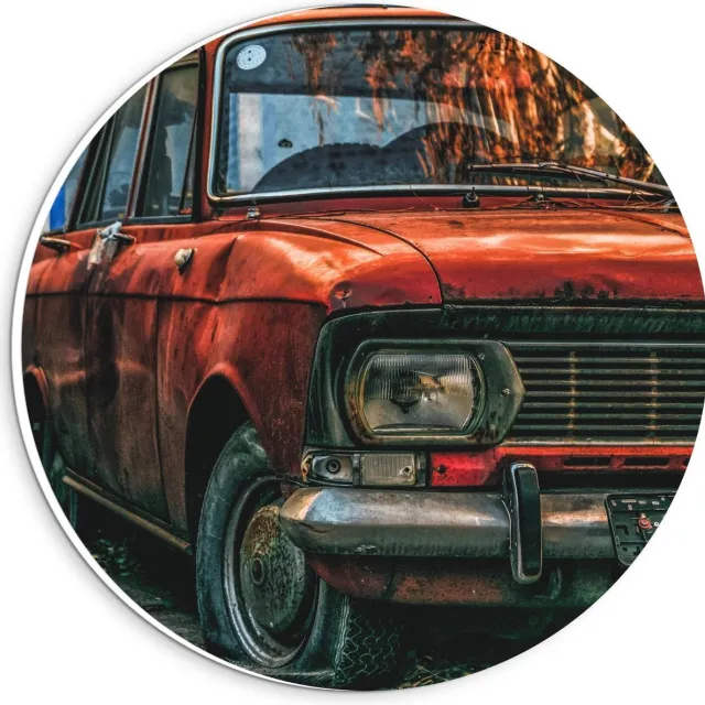 KuijsFotoprint Forex Wandcirkel - Oude Verroeste Auto - 20x20cm Foto op Wandcirkel (met ophangsysteem) Rood