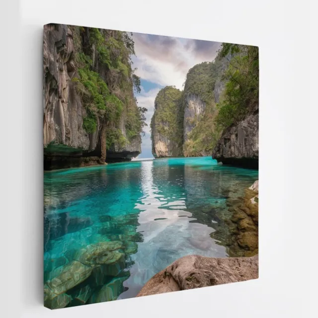 Saammp Canvas Schilderij - Blauw water tussen de rotsen - Landschap - Natuur - 20x20 - Foto op canvas - Wanddecoratie - Muurdecoratie Woonkamer - Slaapkamer decoratie - Canvas Print Multicolor