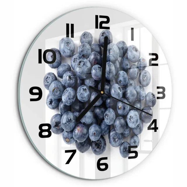 TULUP Wandklok - Bosbessen Gekleurde Glazen Klok - fi30 cm - Blauw Glazen Klok Met Print - Zwarte handen - Ronde Klok - Moderne Wandklok Glas - Wandklok Glas Decoratie