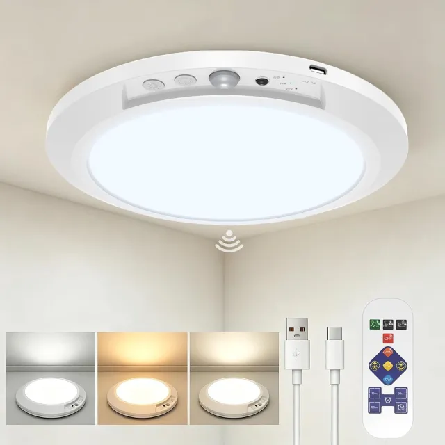 KZQ Led Plafondlamp Met Bewegingssensor - 3 Kleurtemperaturen - 5w - 4000mah - Oplaadbaar - Met Afstandsbediening - Dimbaar - Ip44 Waterdicht - Ultraplat Design - Geschikt Voor Hal Badkamer Garage Kast Trap En Kelder - Wit wit.1