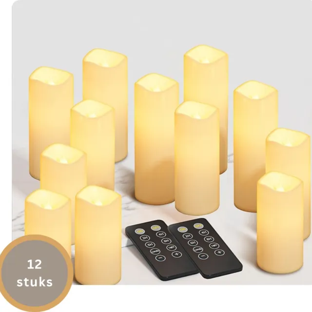 Livista LED Kaarsen met Afstandsbediening – 12 Stuks – 4 Verschillende Maten – 2 Afstandsbedieningen – Vlam Effect – Timerfunctie – Waterdicht Ivoor
