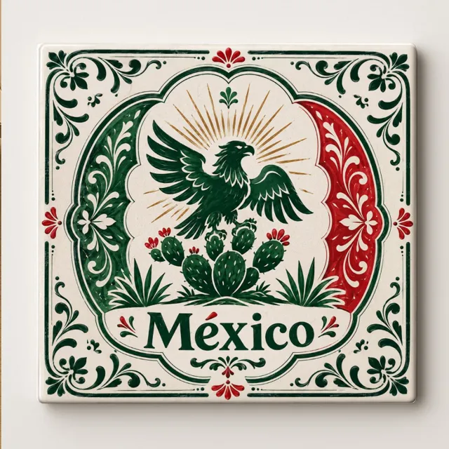 Bedruk King Mexico Decoratieve Tegel – Mexicaanse Adelaar en Cactus Design met Vlagkleuren, Bloemenrand en Traditionele Stijl – Keramische Souvenir Cadeautegel Wit