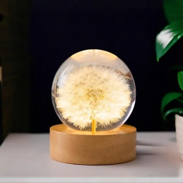 GelldG Paardenbloem Kristallen Bol Nachtlampje – 6 cm Bol Lamp – Met Houten Voet – LED-nachtlampje geschikt voor slaap- en woonkamerdecoratie – Paardenbloemontwerp Transparant