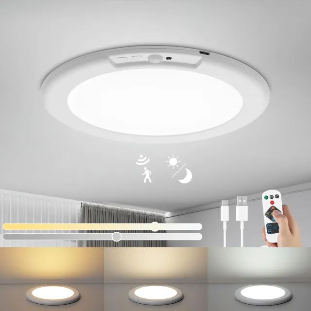 BENALLA Oplaadbare Bewegingssensorlamp - Magnetische Draadloze Plafond-/Wandlampen - LED-Plafondlamp Met Afstandsbediening & 3 Kleuren Wit